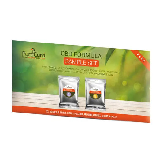 CBD formula sample set from Purocuro Pure CBD Patches displayed in a professional product image