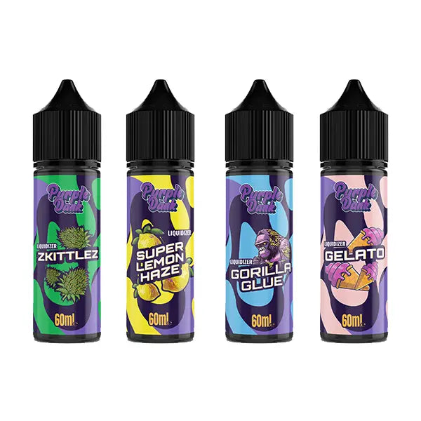 Four bottles of flavored e-liquid displayed for Purple Dank Wax & Resin Liquidizer 50ml