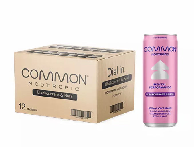 12 x COMMON 500mg Lion's Mane & Chage Vitamin Drink Blackcurrant & Basil Flavour - 330ml Cans