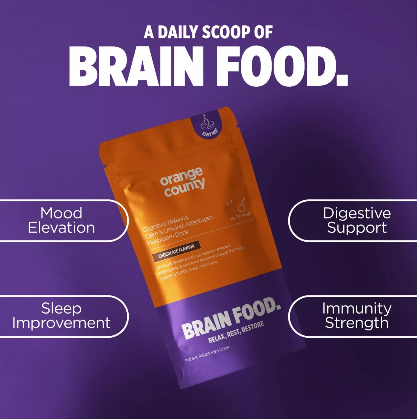 Orange County 90000mg BRAIN FOOD Calm & Unwind Chocolate Flavour Powder - 240g