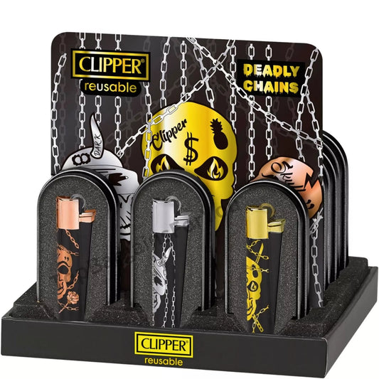 12 Clipper CMP11RH Large Metal Deadly Chains Flint Lighter + Display Box