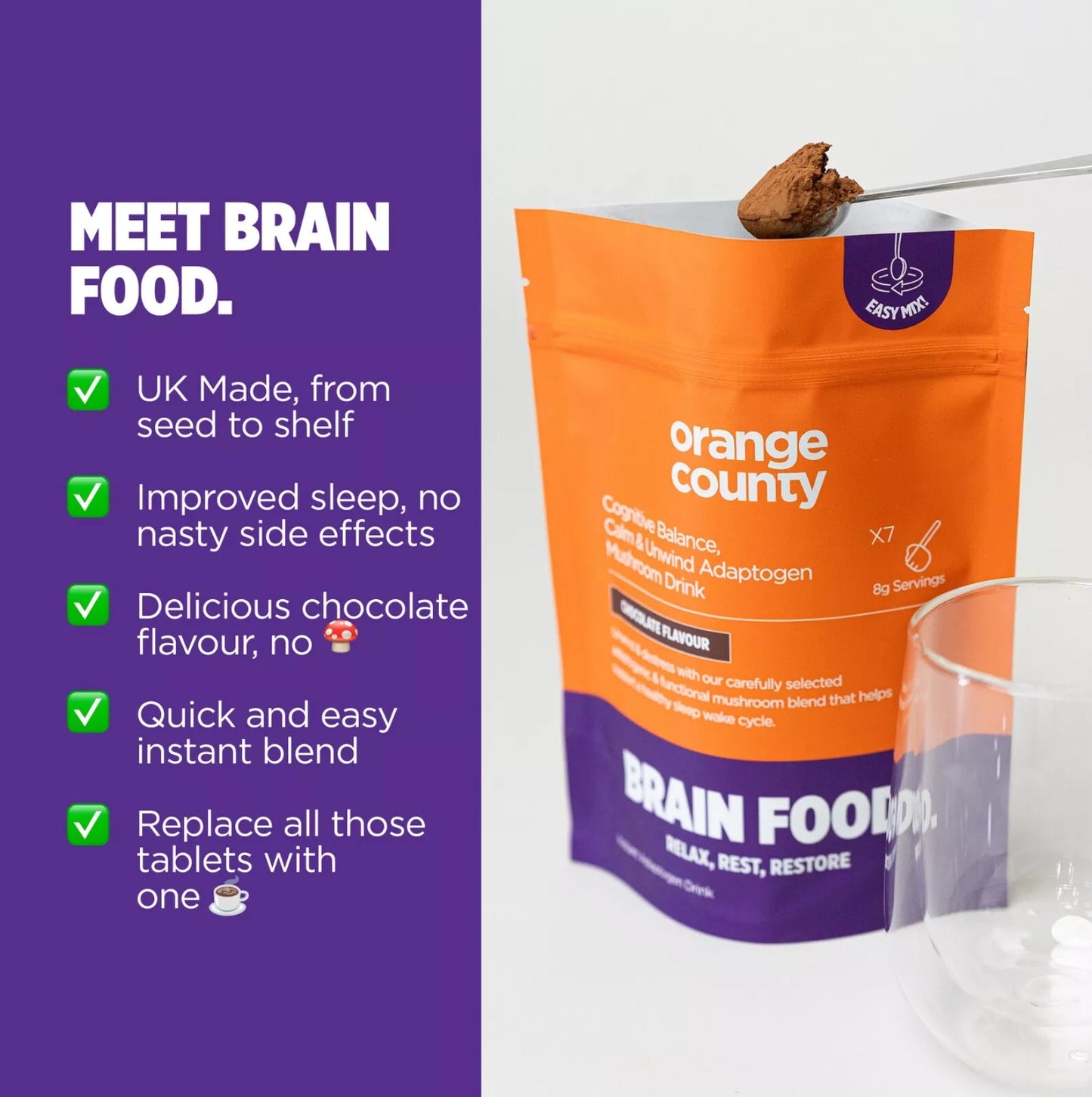 Orange County 90000mg BRAIN FOOD Calm & Unwind Chocolate Flavour Powder - 240g