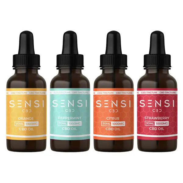 Four bottles of Sensi CBD 1000mg Broad-Spectrum Tincture Oil with different flavors