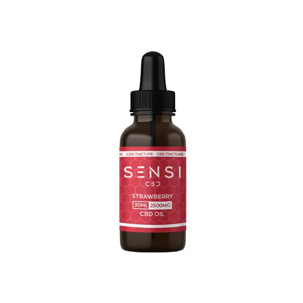 Strawberry CBD oil bottle from Sensi CBD 2500mg Broad-Spectrum Tincture Oil