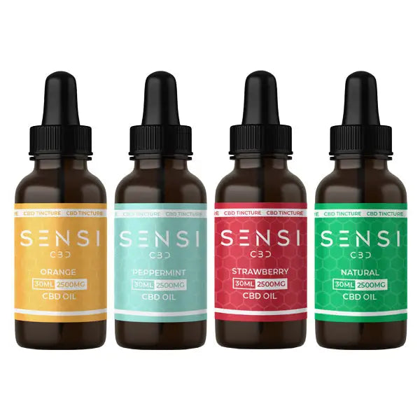 Four bottles of Sensi CBD 2500mg Broad-Spectrum Tincture Oil displayed