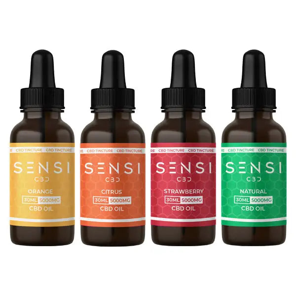 Four bottles of Sensi CBD 5000mg broad-spectrum tincture oil with different flavors