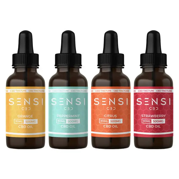 Four bottles of flavored Sensi CBD 500mg Broad-Spectrum Tincture Oil displayed for sale