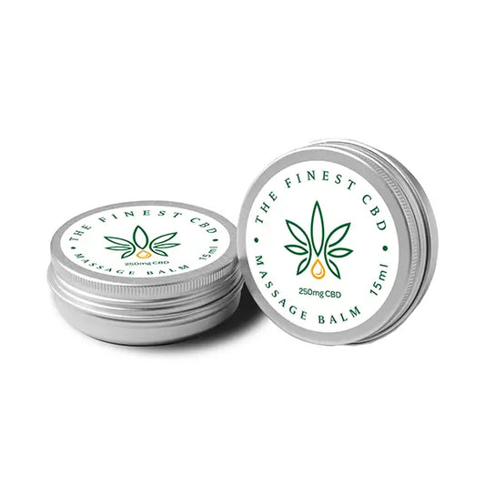 Two silver tins of The Finest Balm 250mg CBD Massage Balm 15ml displayed