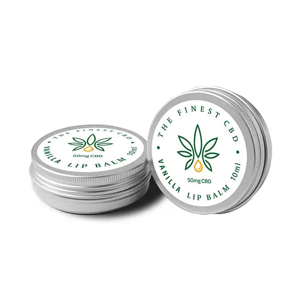 Two silver tins of The Finest Balm 50mg CBD Vanilla Lip Balm in a 10ml container