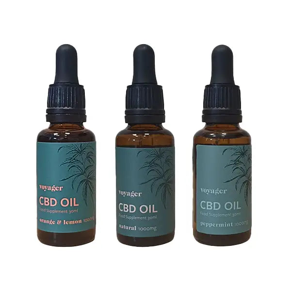 Three bottles of Voyager 1000mg CBD Oil 30ml for wellness and relaxation purposes