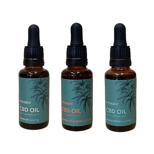 Three bottles of Voyager 3000mg CBD Oil 30ml displayed for purchase
