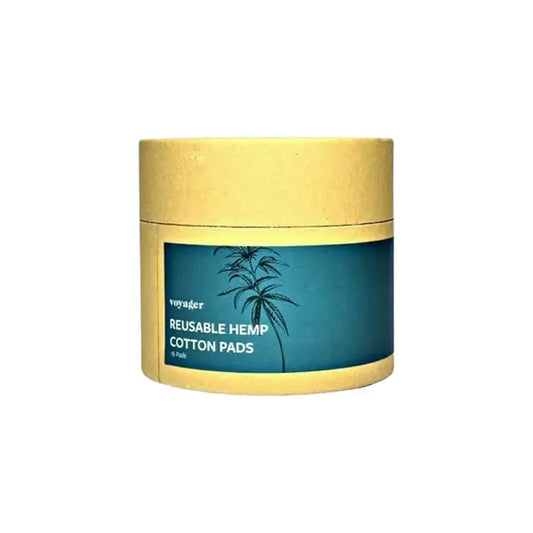Voyager Hemp Reusable Make Up Pads in cylindrical container highlighting eco-friendly skincare