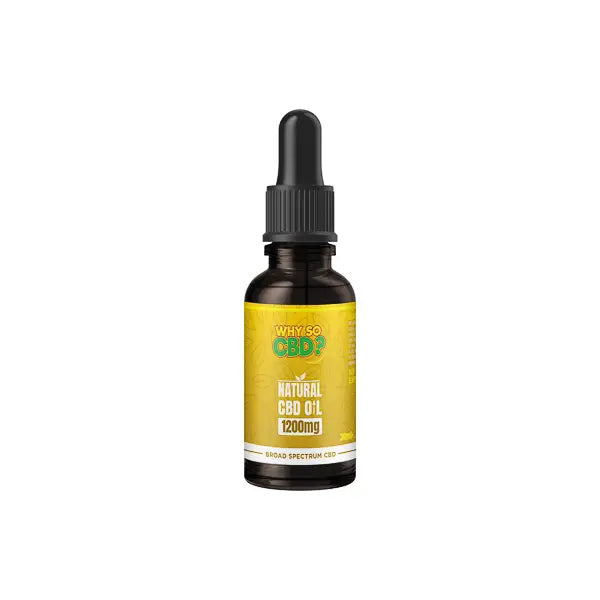 CBD oil bottle with dropper from Why So CBD 1200mg Broad-Spectrum Natural Oil