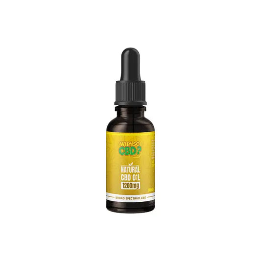 CBD oil bottle with dropper from Why So CBD 1200mg Broad-Spectrum Natural Oil