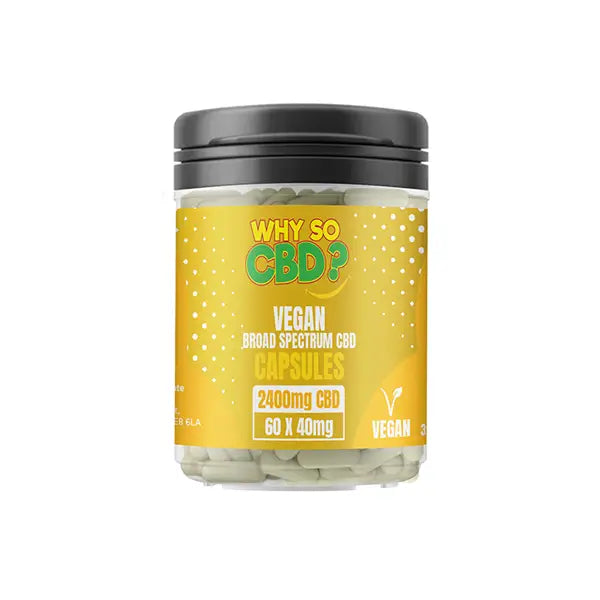 Bottle of vegan CBD capsules from Why So CBD? with 2400mg broad spectrum formula