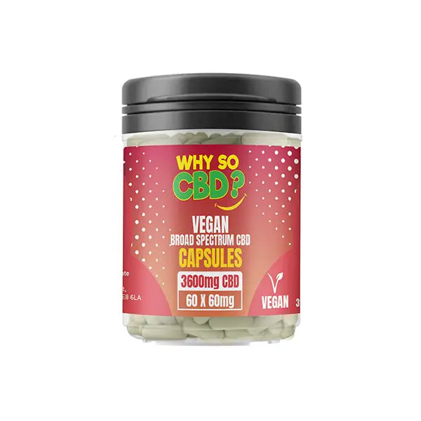 Vegan broad spectrum CBD capsules from Why So CBD? 3600mg package of 60 caps