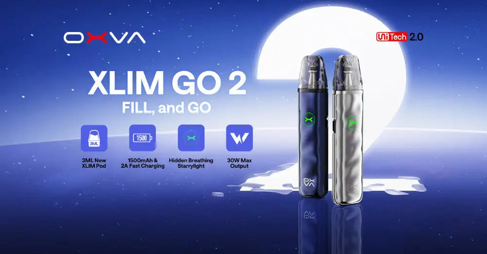 OXVA Xlim Go 2 vape device on a blue background with moon and stars.