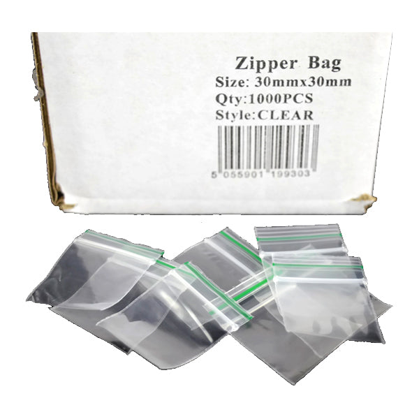 Zipper Branded 30mm x 30mm Clear Bags (Box of 1000)